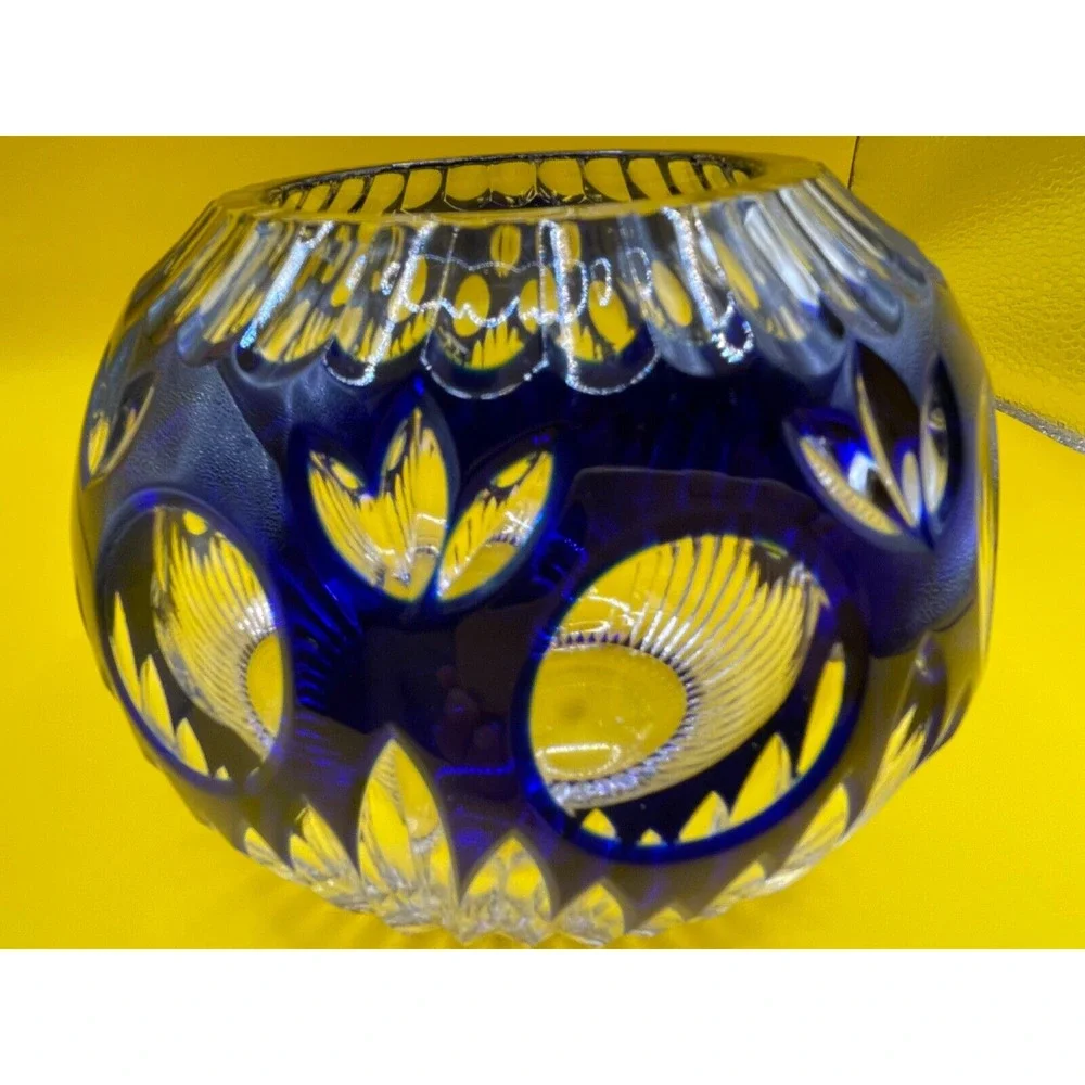 Exquisite Cobalt Blue Cut To Clear Round Crystal Votive Vase 4.5 inches